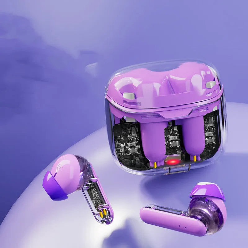 Black wireless Bluetooth gaming headset with transparent cabinet showing internal components