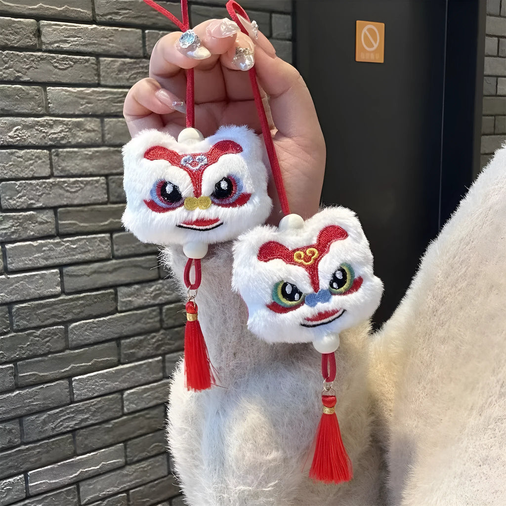 Chinese style plush lion keychain ornament with star stone details in blue or yellow colour