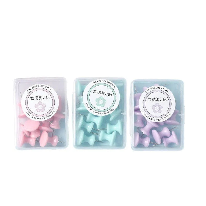 Box of plastic push pins in macaron colours - cherry blossom pink, mint green and lavender