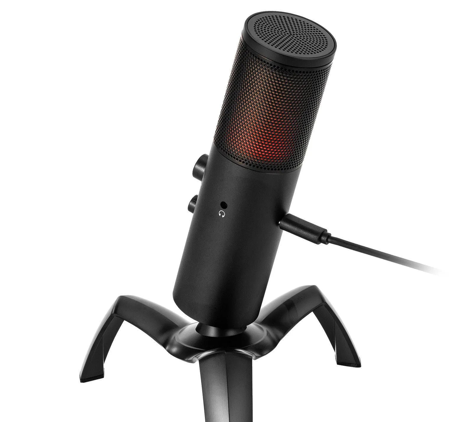 Q18 black USB condenser microphone with RGB lights on adjustable tripod stand