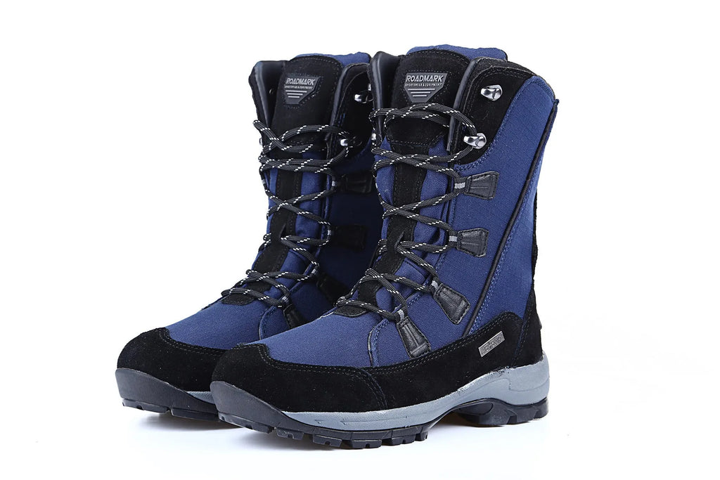 Women's black thermal snow boots with mid-calf height, round toe, and rubber sole.