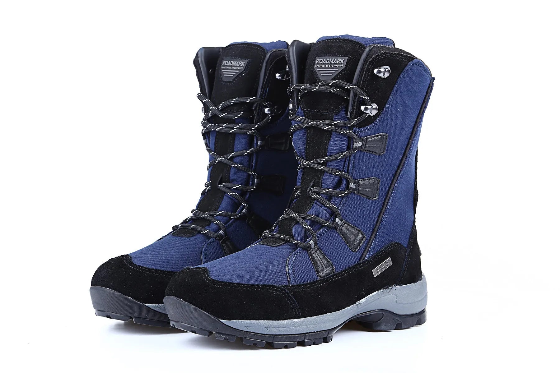Women's black thermal snow boots with mid-calf height, round toe, and rubber sole.