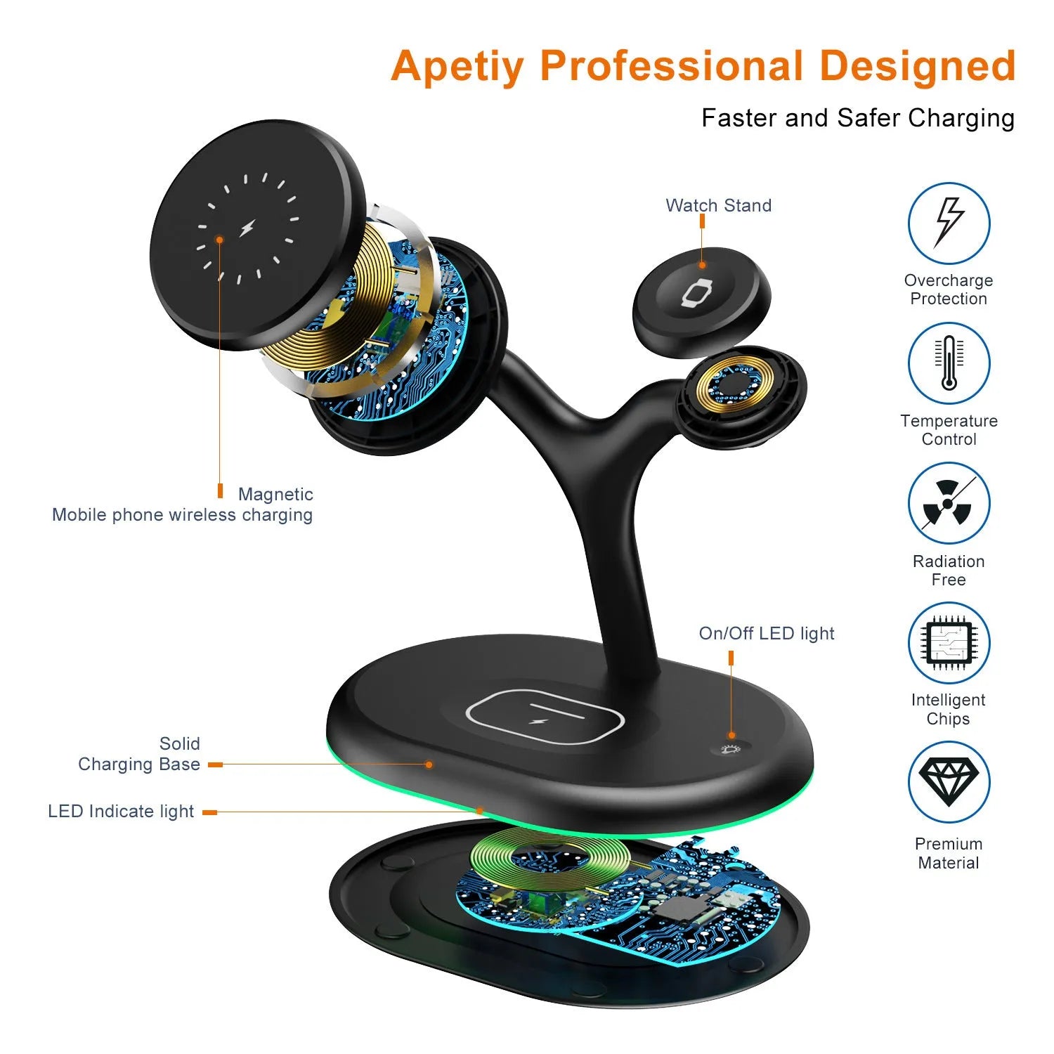 Black three-in-one magnetic wireless charger with 15V output