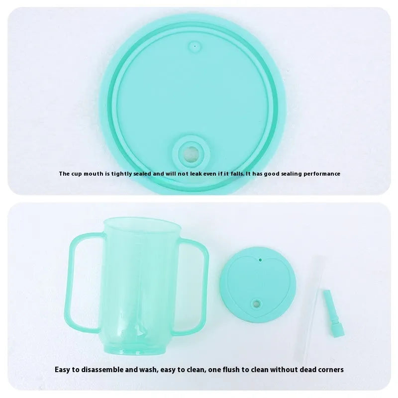 Adult bedside drinking cup with angled choke-proof mouth, handle, and lid, shown in care setting.