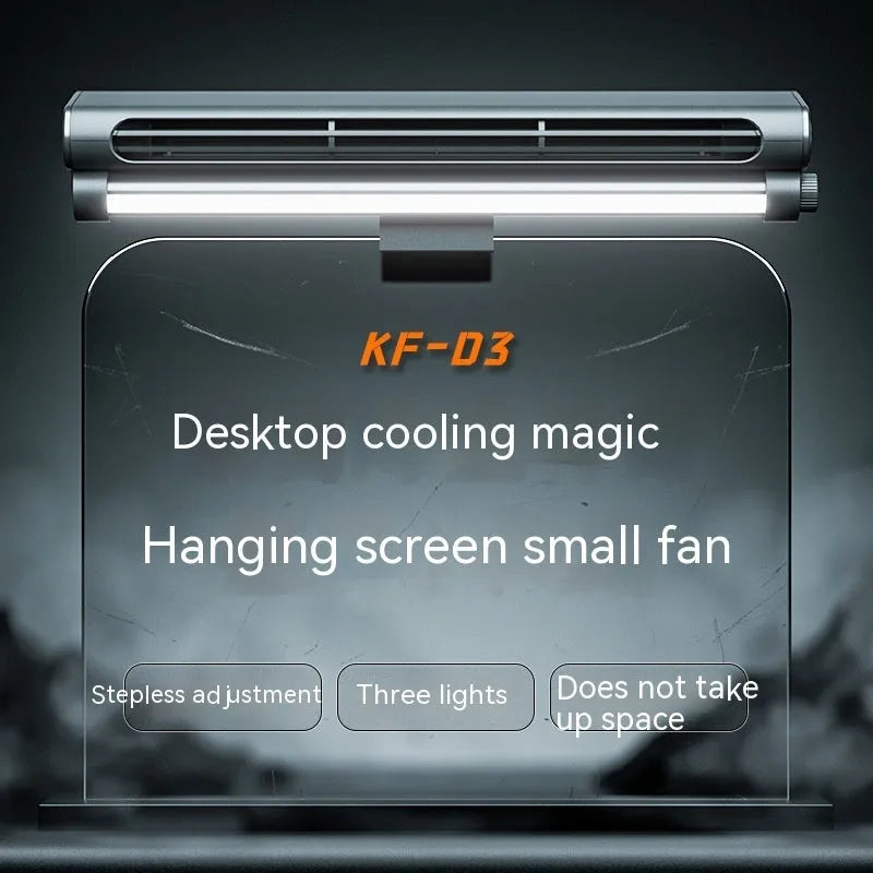 Black clip-on bladeless USB fan attached to laptop screen with LED light illuminated