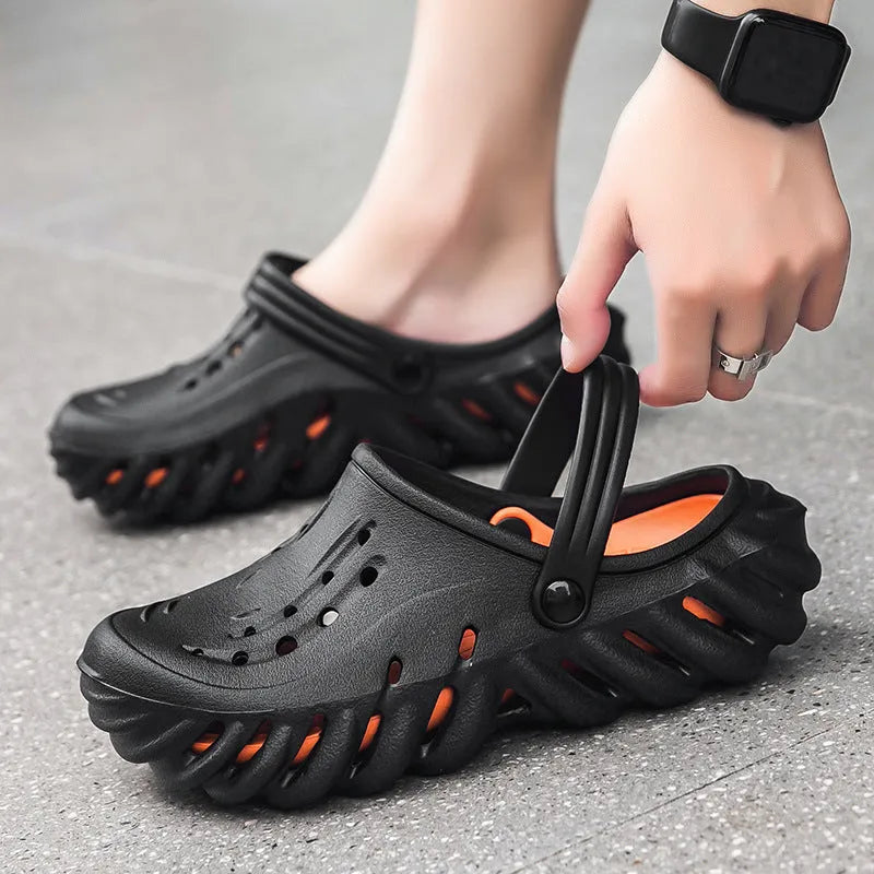 Men's beige hollow out design EVA slippers sandals with round toe and non-slip sole
