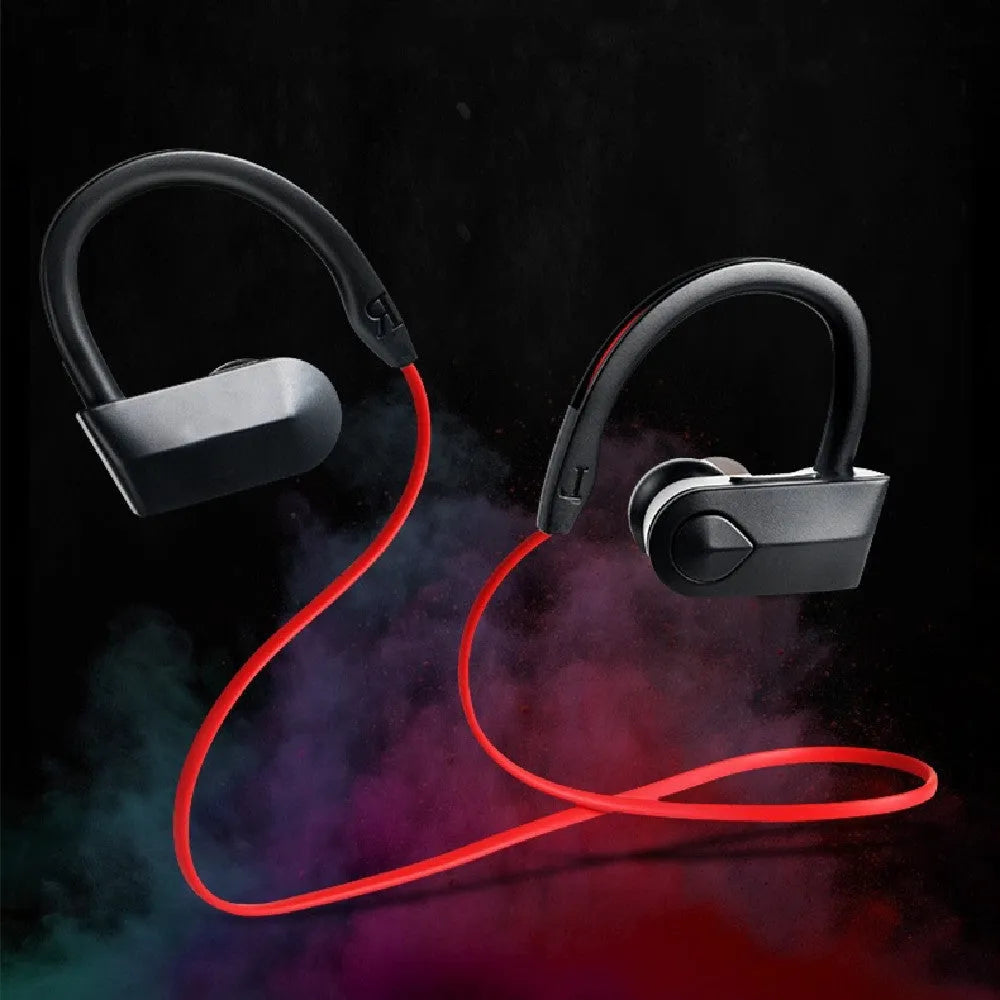 Black wireless neckband Bluetooth earphones with earbuds and USB charging cable