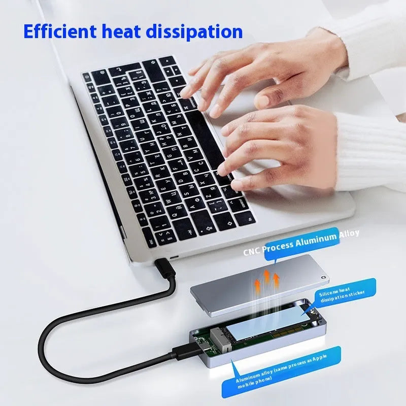 Silver M.2 SATA SSD external hard drive enclosure with Type-C port, screwdriver, screws, heat pad, and cable.