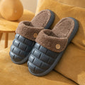 Plaid detachable slippers showing EVA construction and plush lining in pink, green, yellow, white, grey, or black.