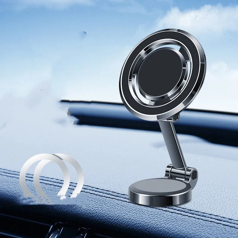 Car phone holder with adhesive magnetic mount and 360-degree rotating bracket in black or silver
