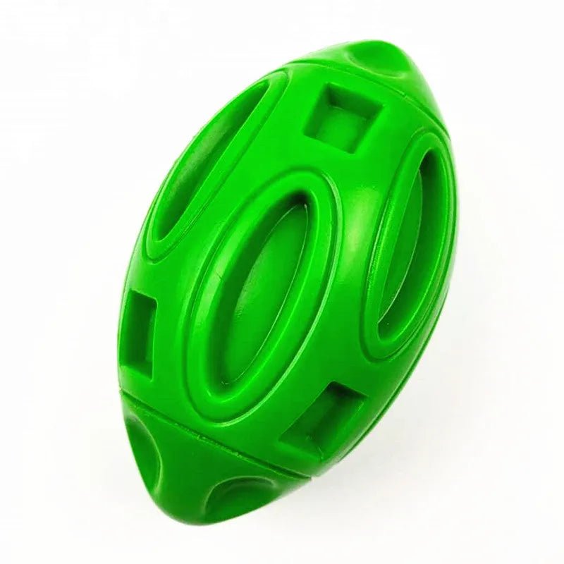 Blue, green, and orange rubber squeaky dog chew ball with grooved surface for medium and large breeds.
