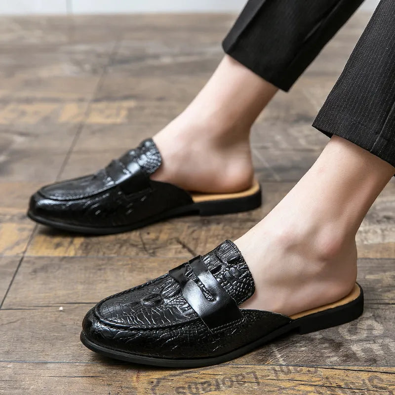 Men's closed toe half-support crocodile pattern PU leather slippers in black, side view