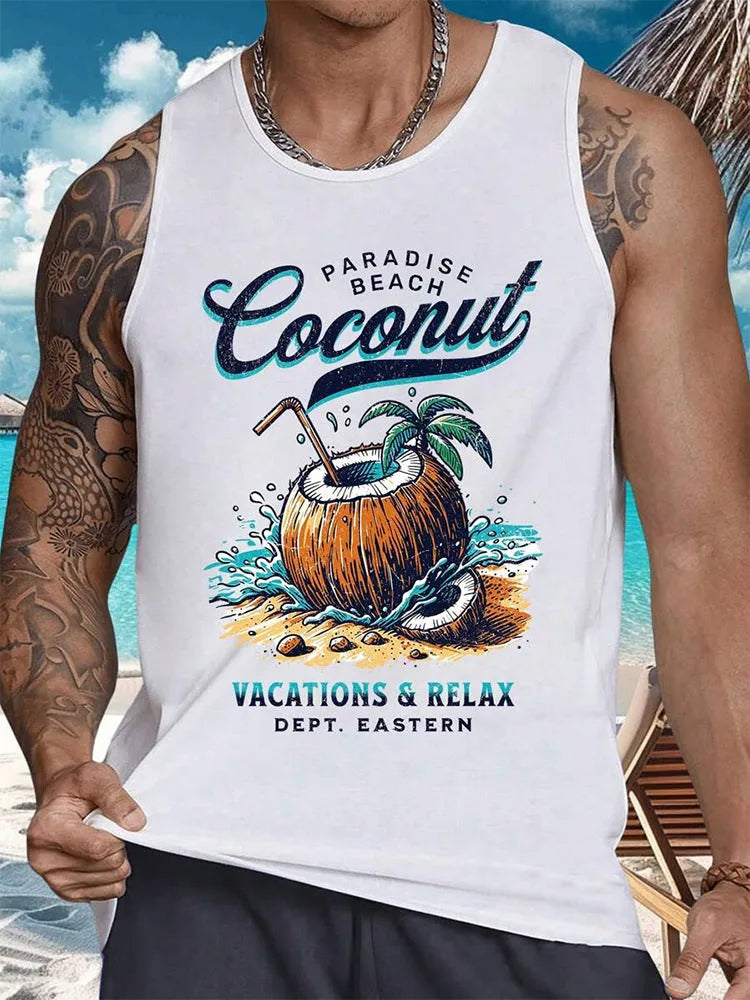 Men's Hawaiian-style 3D printed sleeveless vest tank top in polyester fabric