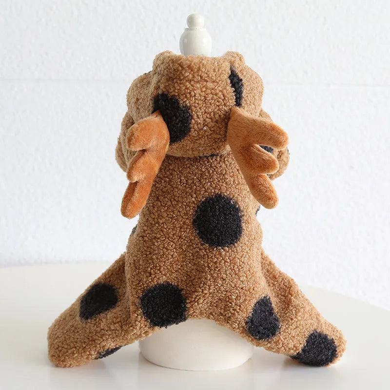 Polka dot elk couple pattern pet costume shown in skirt and four-leg styles for cats and dogs