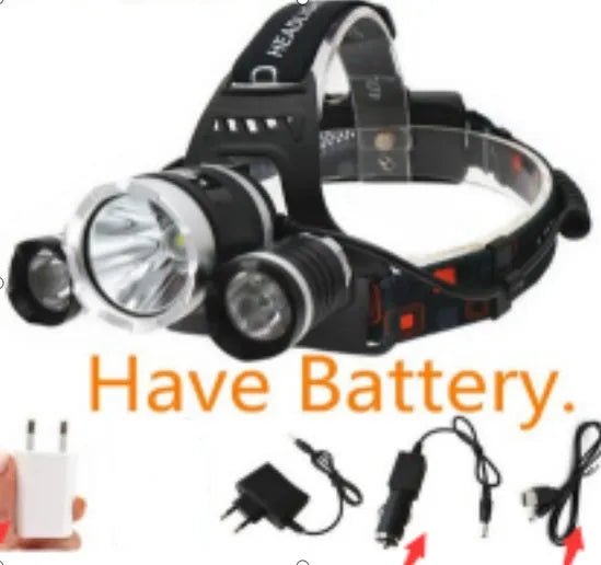 Rechargeable aluminium LED headlamp with adjustable headband and 18650 battery.