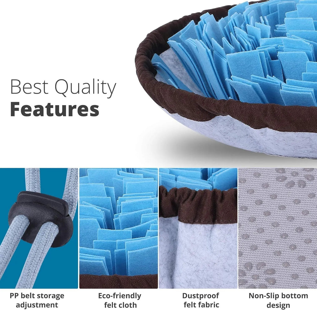 Blue adjustable foldable snuffle mat for dogs showing treat hiding pockets and non-slip backing