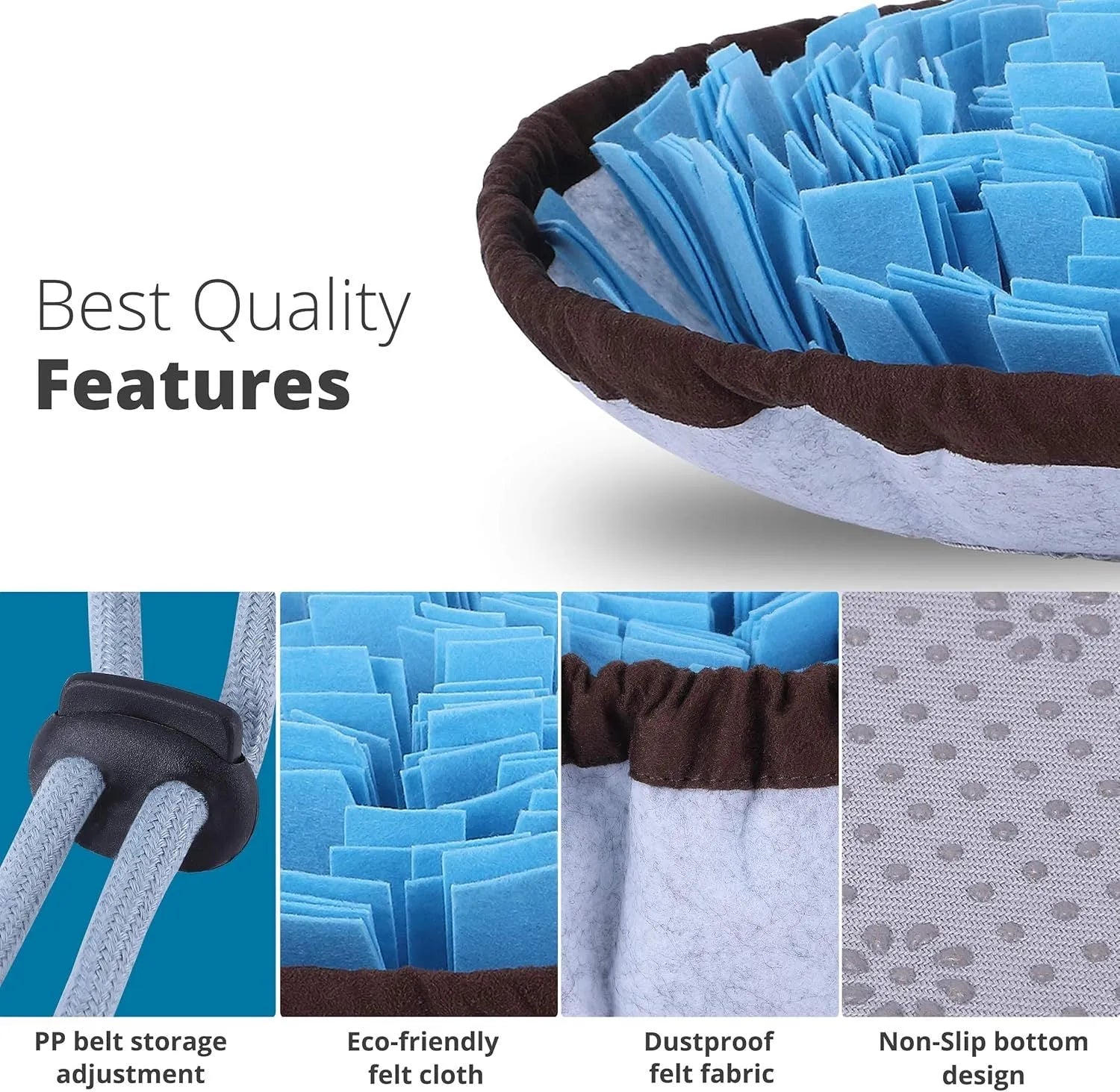 Blue adjustable foldable snuffle mat for dogs showing treat hiding pockets and non-slip backing
