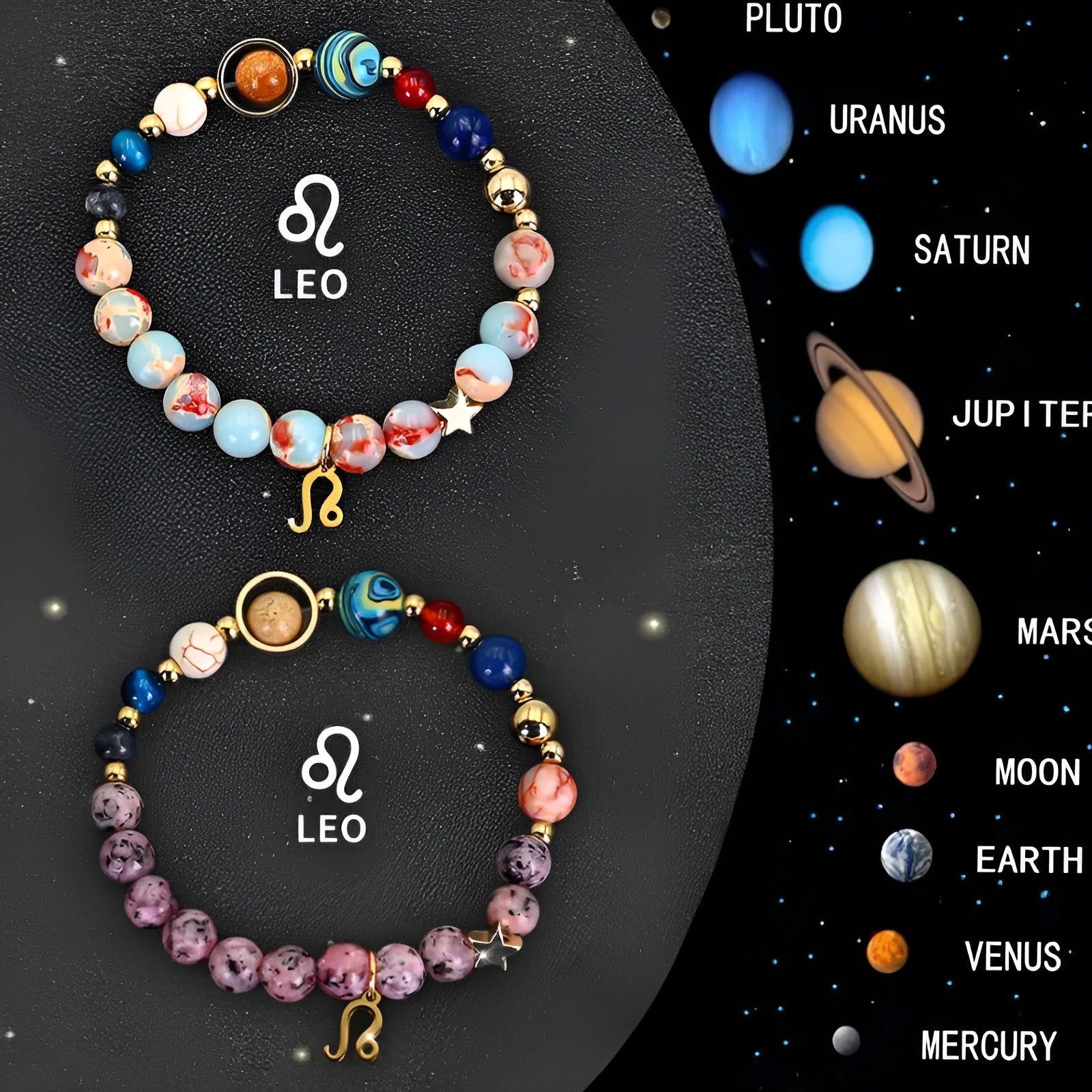 Set of two natural stone beaded bracelets with zodiac sign charms on a table.