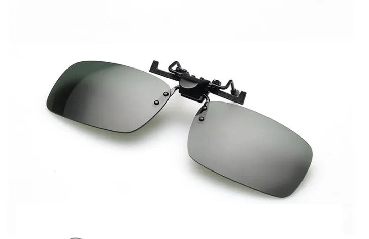 Clip-on driving sunglasses with plastic frame in grey, dark green, and night vision lens options.