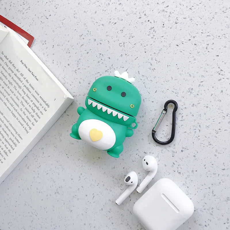 Green silicone case for AirPods 1/2 with a cartoon animal design on a white background.