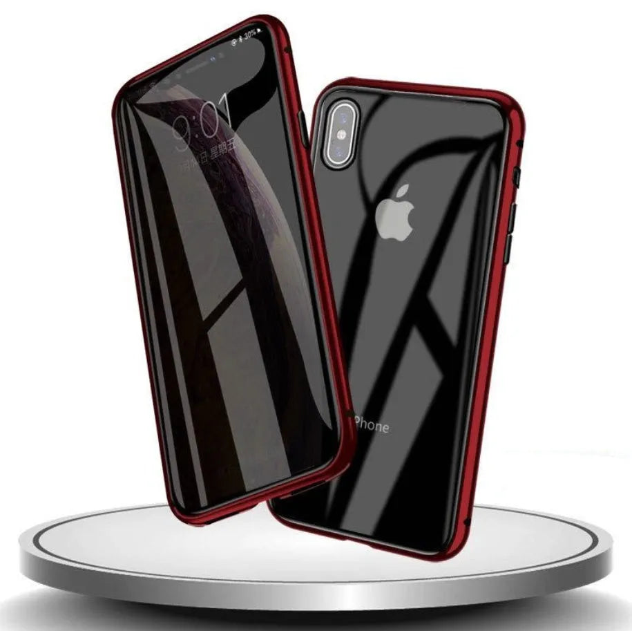 Glass clamshell anti-spy phone case for iPhone in multiple solid colours including black, blue, gold, green, red, and silver