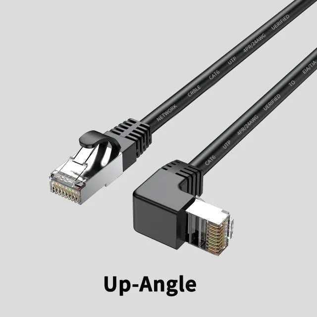 Cat6 Ethernet cable with a black right-angle RJ45 connector, available in multiple colours and lengths.