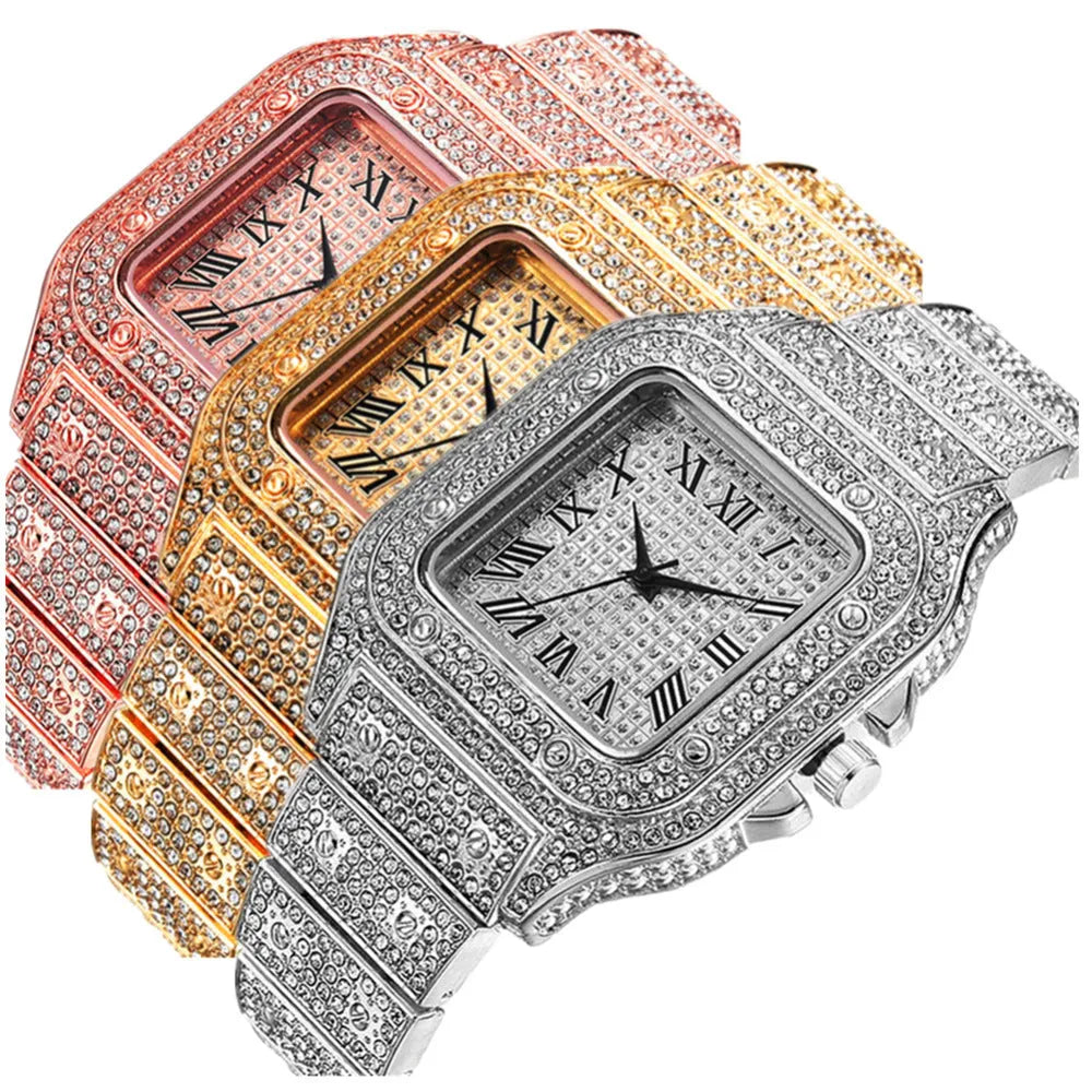 Gold Roman numeral square watch with diamond studs on a mesh band, plus bracelet and necklace.
