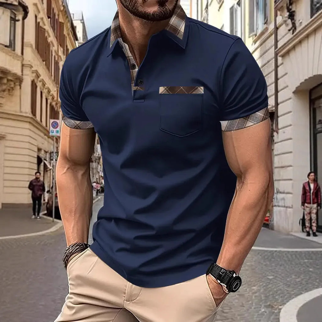 Men's plaid colourblock t-shirt with zipper decorations in loose fit for summer casual wear