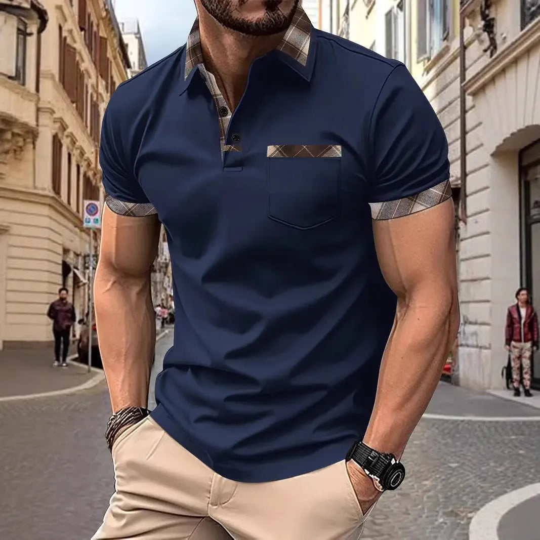 Men's plaid colourblock t-shirt with zipper decorations in loose fit for summer casual wear