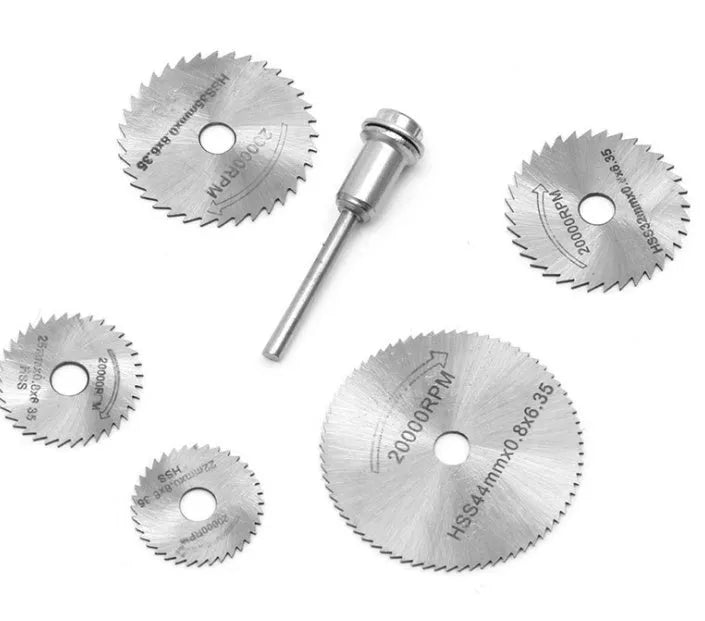 Set of 6 high-speed steel circular saw blades ranging 10-25mm with mandrel for woodworking