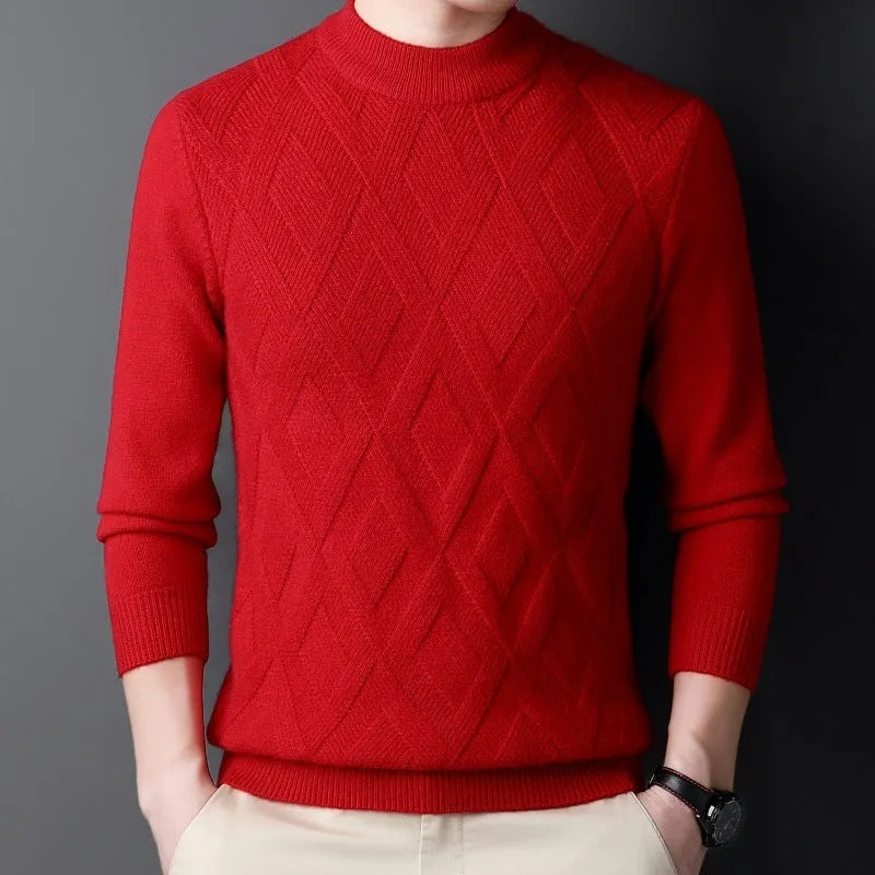 Men's thick winter wool blend pullover sweater with diamond jacquard pattern in a plus size fit.