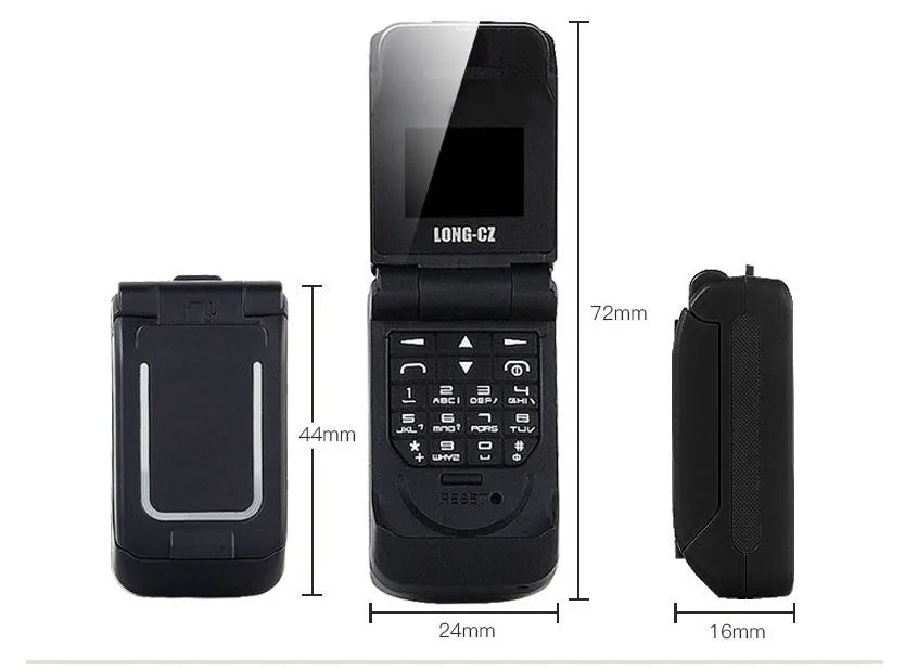Mini flip phone in six colours with a flip cover and small screen.