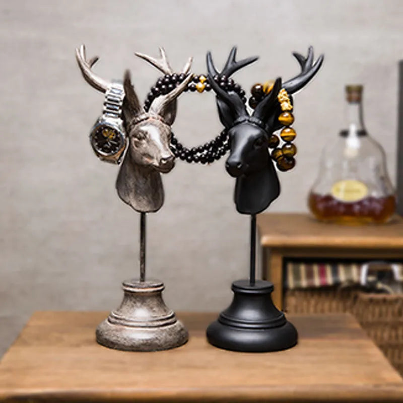 Hand-carved natural resin animal statue in black, white, and wood colour, 32cm tall.