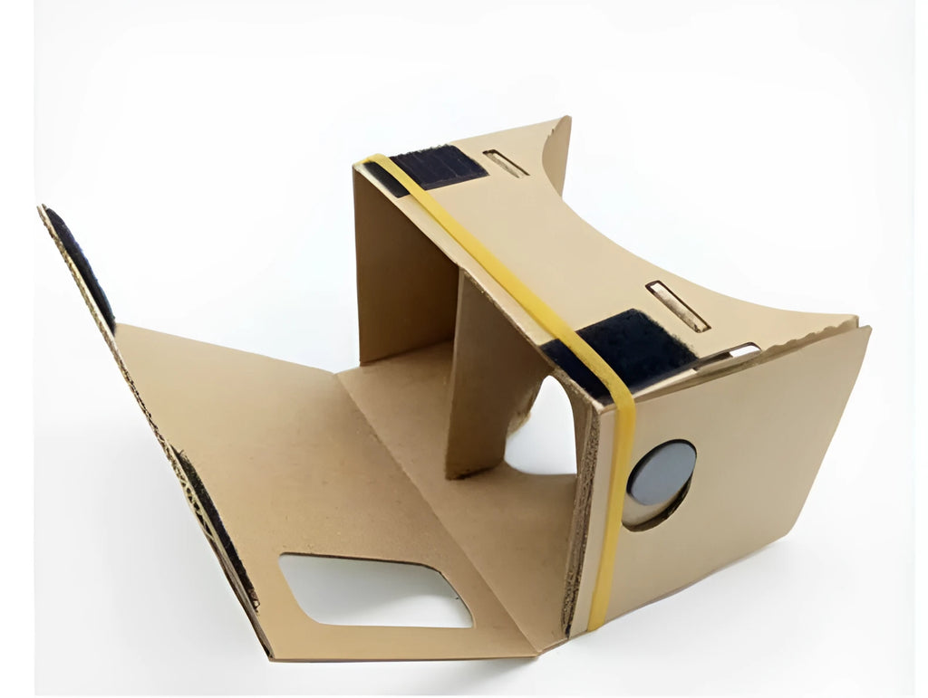 Pink and white flat-pack VR cardboard glasses viewer for 6-inch mobile phones.