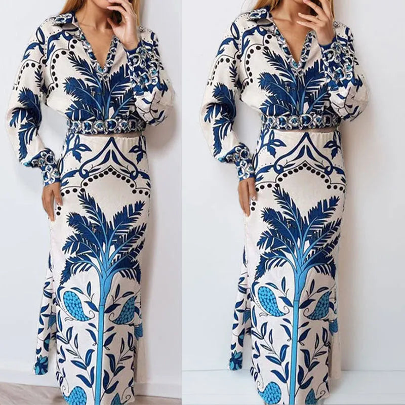 Women's casual co-ord set with long sleeve top and matching long skirt in picture colour