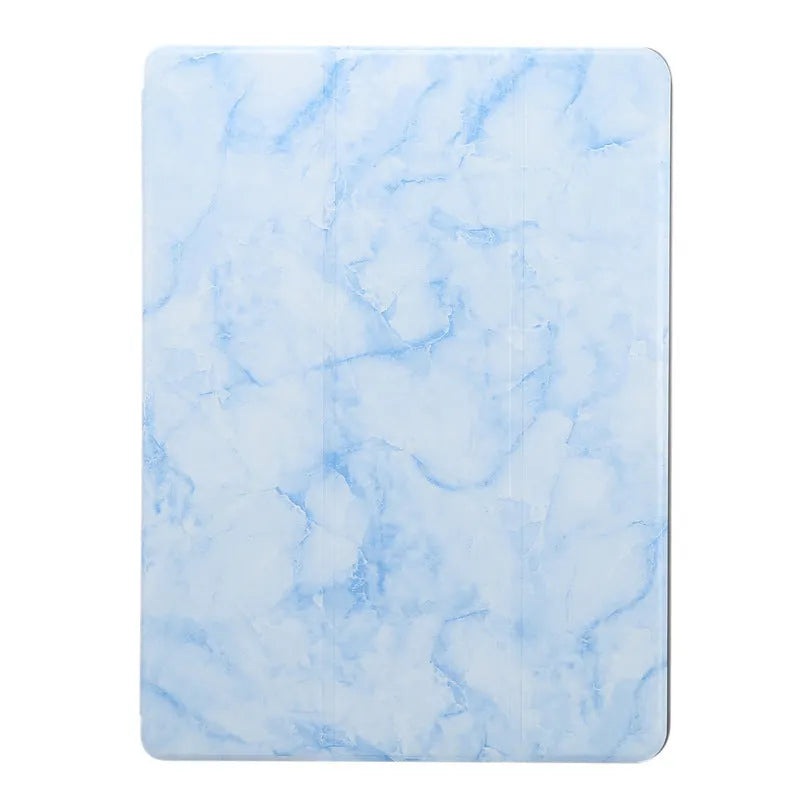 Tri-fold marbling imitation leather iPad case with a stylus pen slot in dark grey