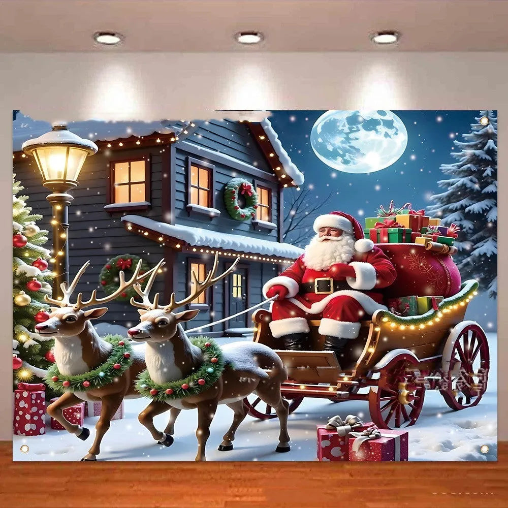 Large red Christmas banner with Santa Claus and gifts measuring 210x150 cm