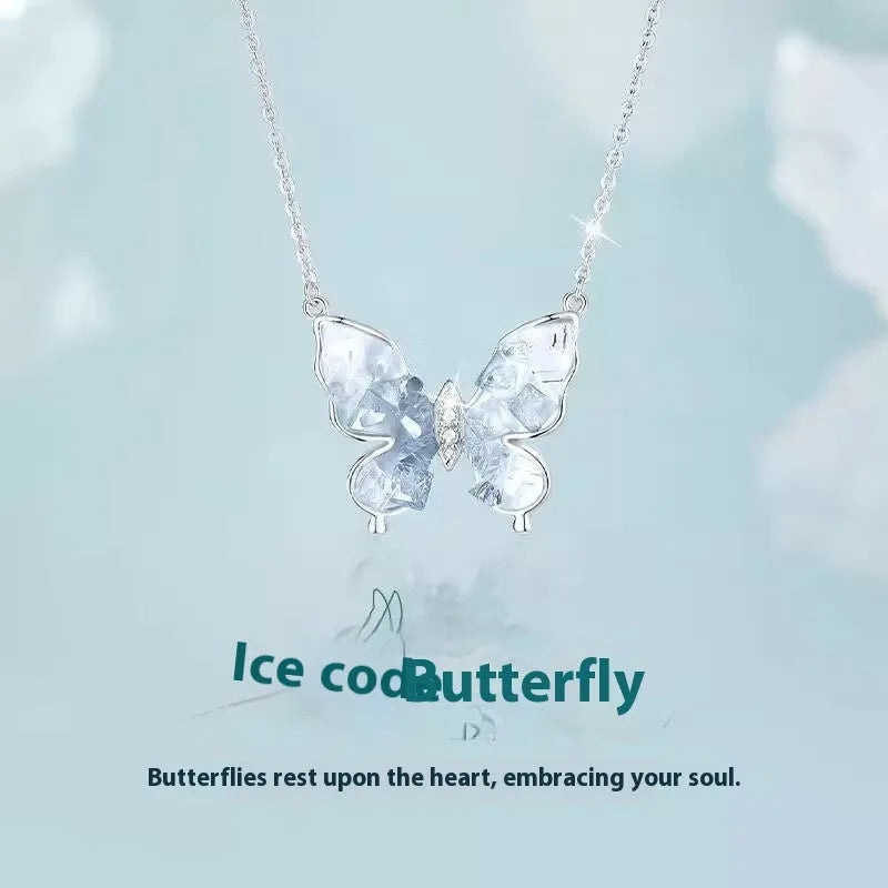 S925 silver butterfly necklace with ice rain design pendant on adjustable O-ring chain