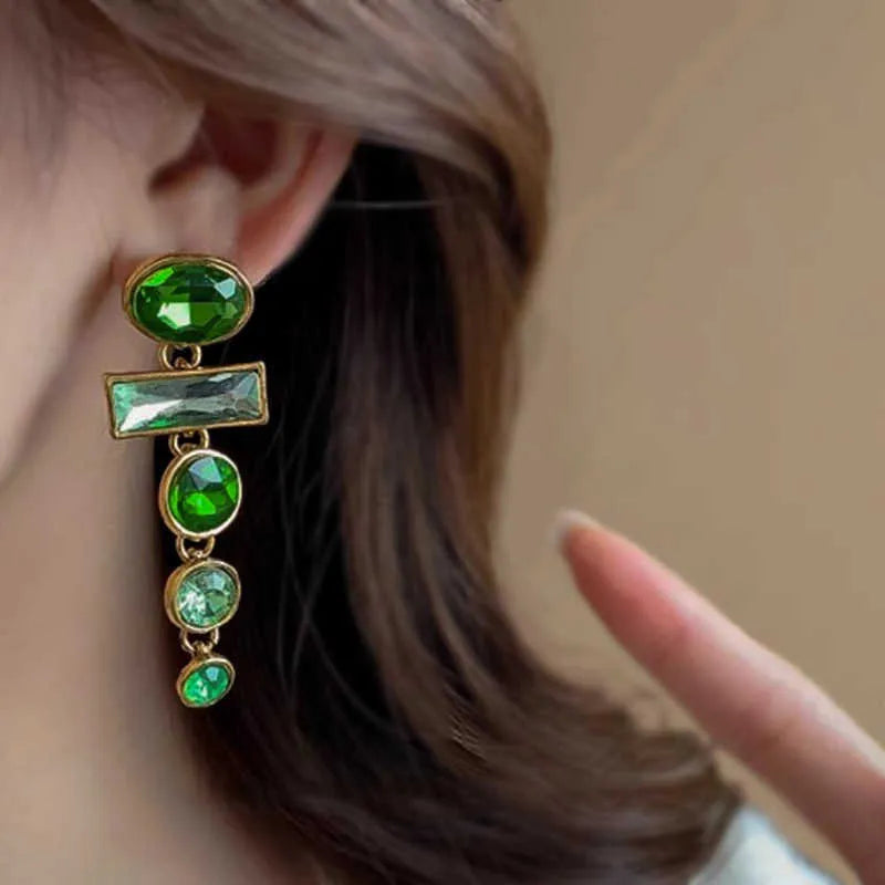 Green gradient geometric Chinese style alloy earrings with zircon inlay and tassel detailing
