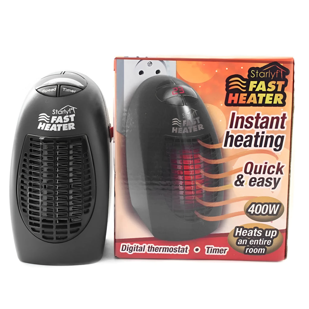 Black plastic mini electric heater with digital display and rotating plug on white background