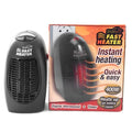 Black plastic mini electric heater with digital display and rotating plug on white background