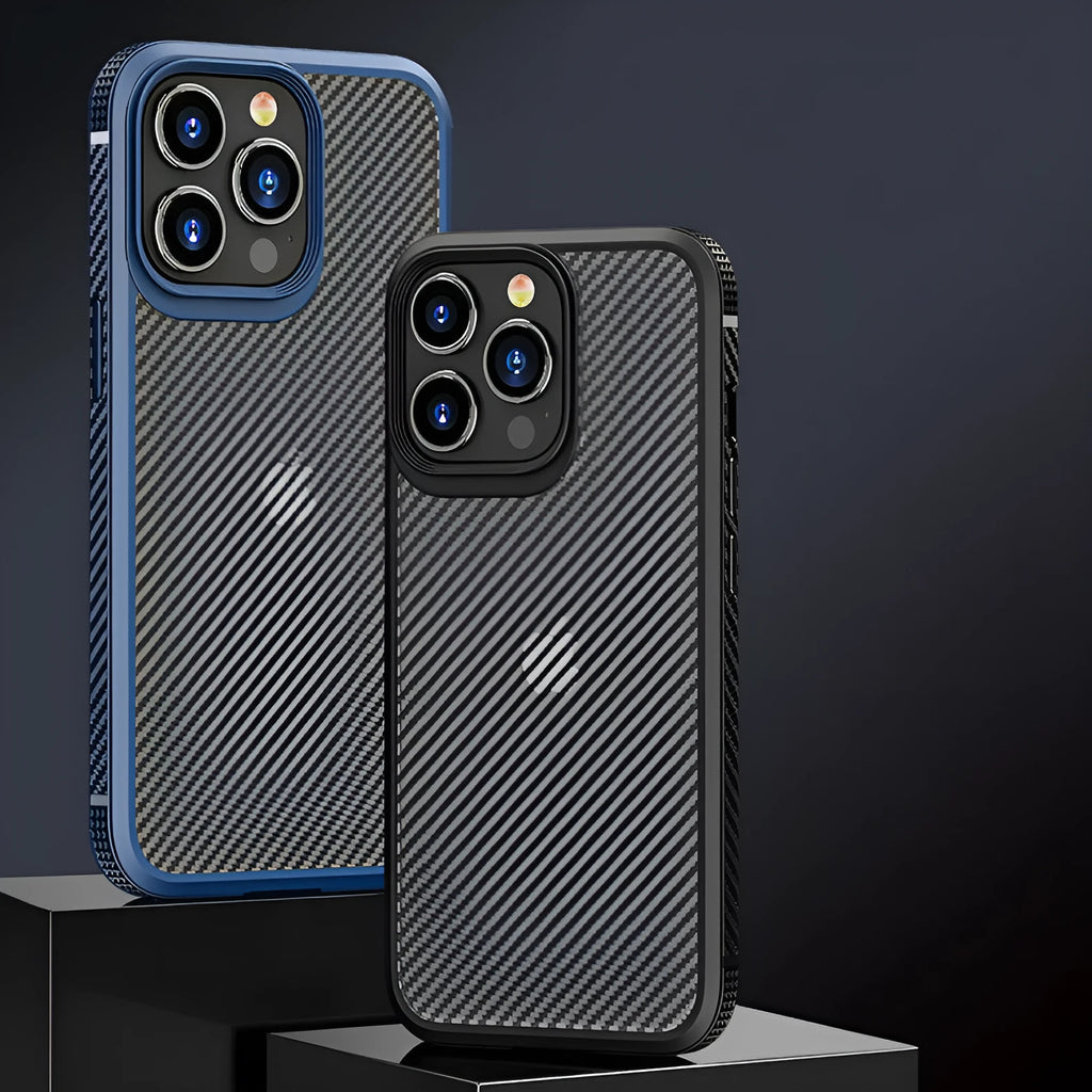 Black iPhone 13 protective case with carbon fibre pattern showing back cover design