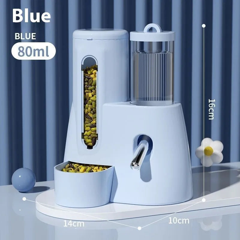 Hamster automatic drinking water feeder with integrated food basin in blue colour