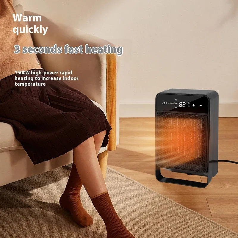 Black desktop warm air blower heater with touch screen digital display and remote control on wooden desk