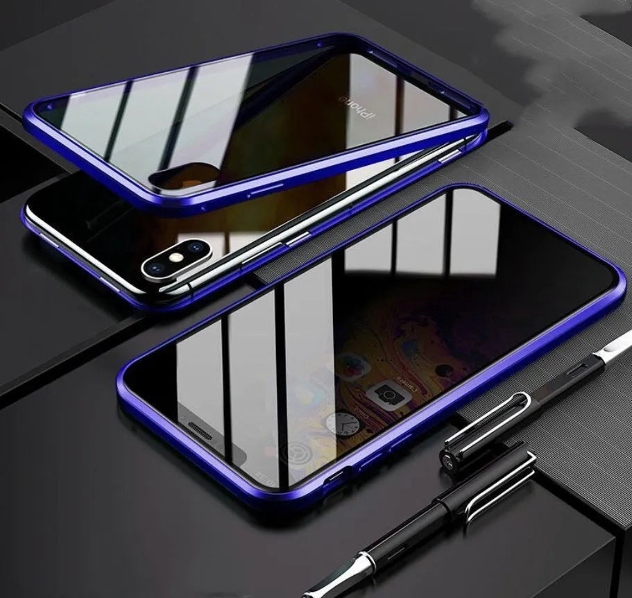 Glass clamshell anti-spy phone case for iPhone in multiple solid colours including black, blue, gold, green, red, and silver