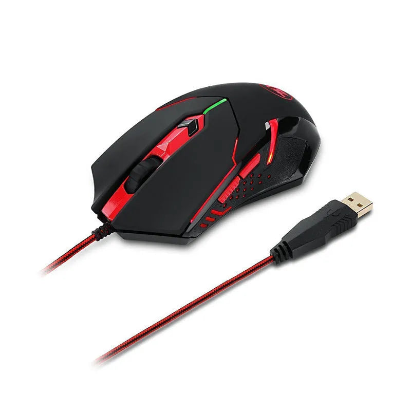 Black and red wired USB gaming mouse with six buttons and scroll wheel on a desk.