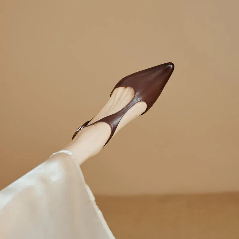 Women's brown cowhide leather pointed toe vintage high heels UK size 37