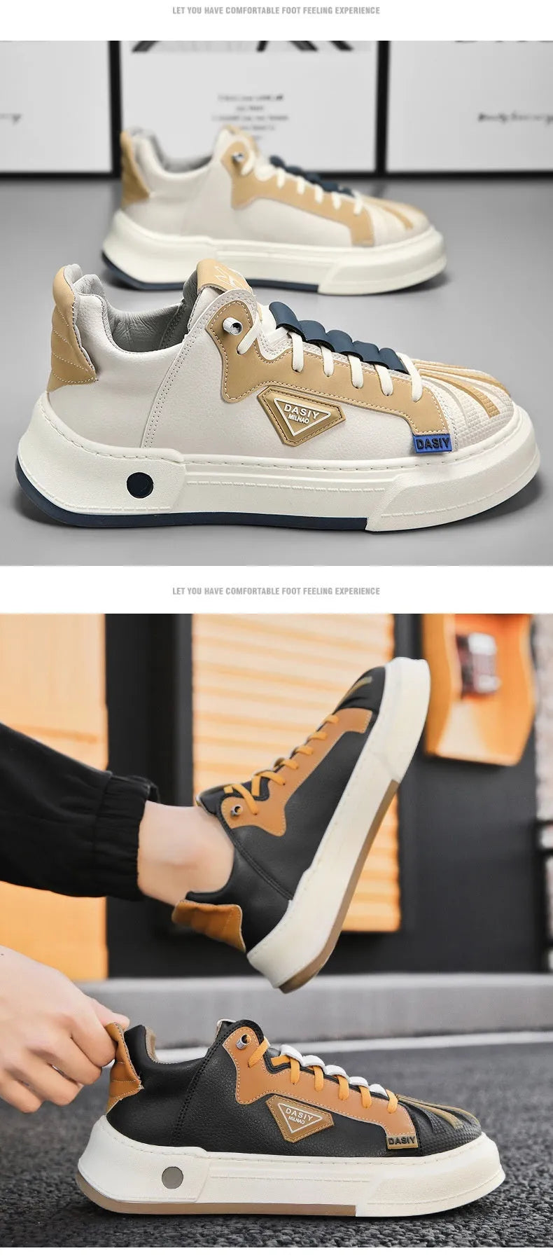 Men's beige and black casual sneakers with elastic band fastening and round toe design