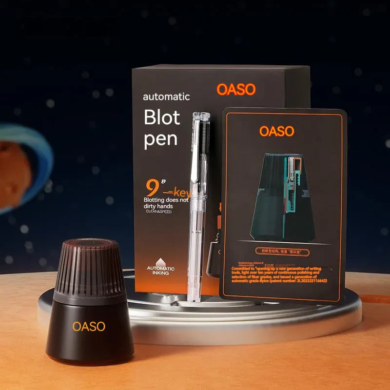 Automatic suction pen set with plastic shell, choice of tip sizes, and 40ml ink reservoir with handbag