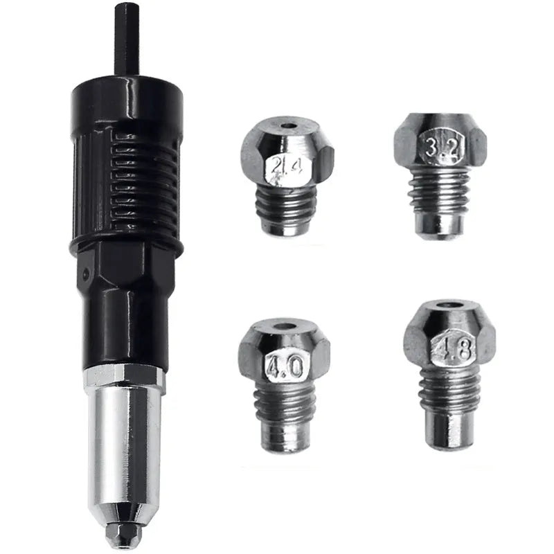 Black metal electric drill rivet gun with handle, wrench, and rivet heads, 173mm long.